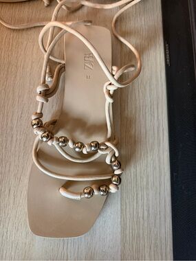 Zara Cream Lace-Up Sandals with Gold Beads